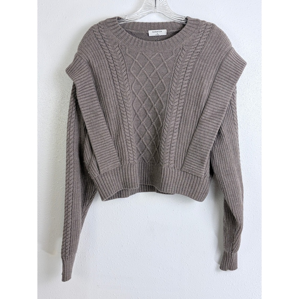 Babaton Merino Wool Cable Knit Cropped Sweater Taupe Womens M